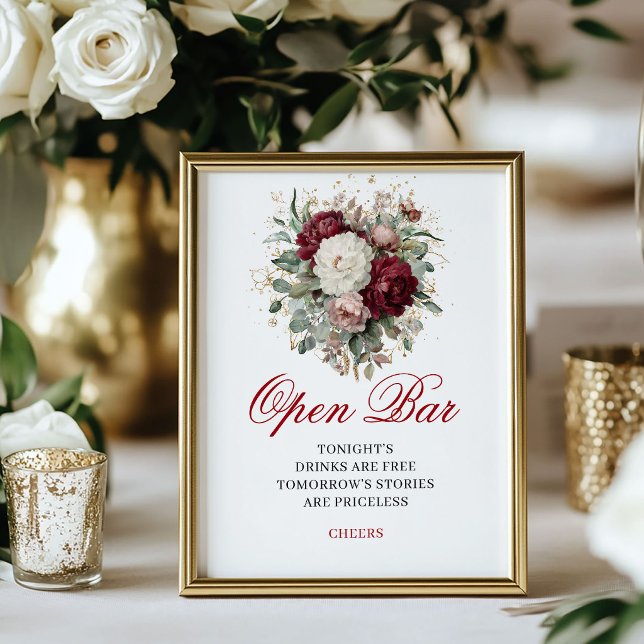 Affiche Panneau de mariage 8x10 Bar Ouvert Burgundy Blush  (Refined Blush Burgundy Open Bar 8x10 Wedding Sign)