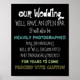 Affiche Panneau de mariage à bar ouvert Attention Drôle de