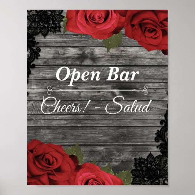 Affiche Panneau de mariage à bar ouvert avec roses rouges  (Devant)