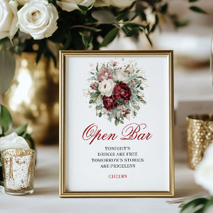 Affiche Panneau de mariage à bar ouvert Burgundy Bohemian