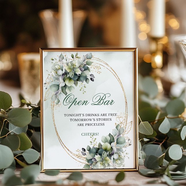 Affiche Panneau de mariage à bar ouvert Eucalyptus Vert Po (Dusty Green Eucalyptus Open Bar Wedding Sign)