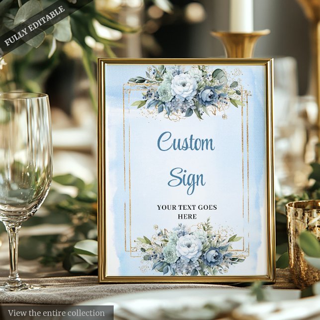 Affiche Panneau de mariage à faire soi-même avec fleurs en (Watercolor Dusty Blue Floral Gold Wedding DIY Sign)