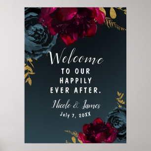 Affiche Panneau de mariage à la verdure dorée florale bleu