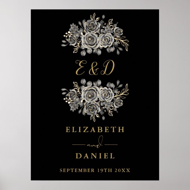 Affiche Panneau de mariage à monogramme floral gothique en (Devant)