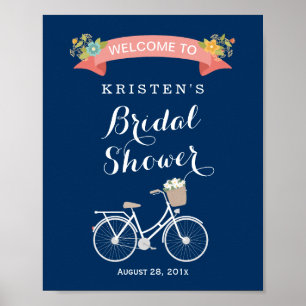 Affiche Panneau de mariage à vélo bleu marine corail rose