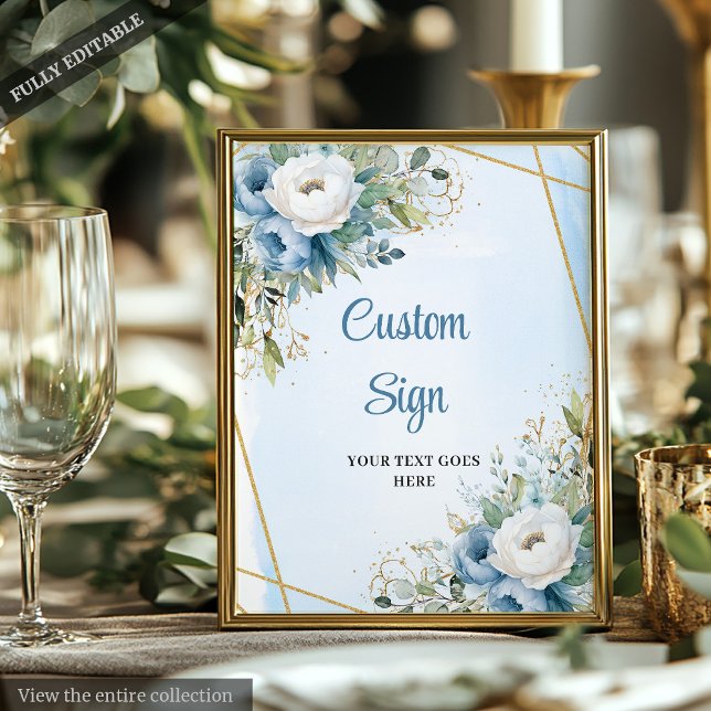 Affiche Panneau de mariage aquarelle bleu or pailleté verd (Watercolor Blue Gold Glitter Greenery Wedding Sign)