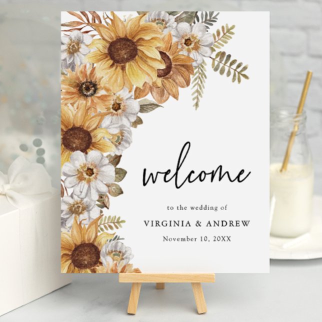 Affiche Panneau de mariage au tournesol rustique (Rustic Watercolor Sunflower Floral Wedding Welcome Sign
by Painted Paperie)