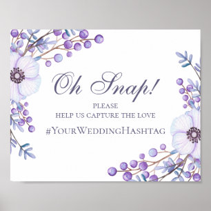 Affiche Panneau de mariage aux fleurs violettes. Hashtag I