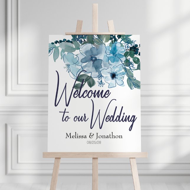 Affiche Panneau de mariage aux roses bleues pastel moderne (Créateur téléchargé)