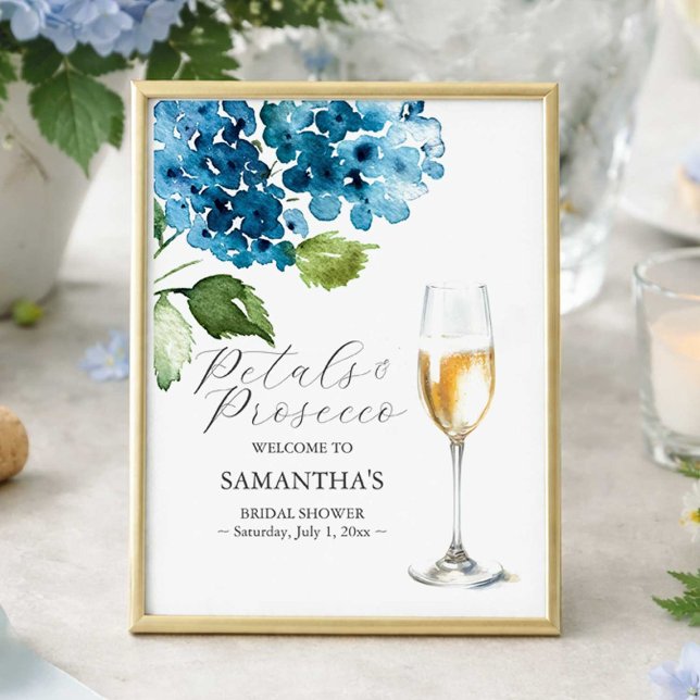 Affiche Panneau de mariage avec pétales et prosecco imprim (Blue petals and prosecco bridal shower welcome sign designed with watercolor hydrangeas )