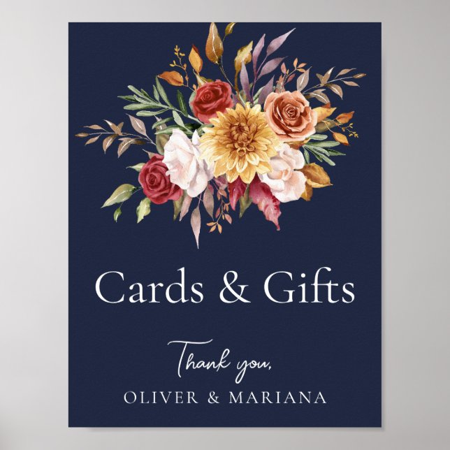 Affiche Panneau de mariage bleu de la marine florale Autom (Devant)