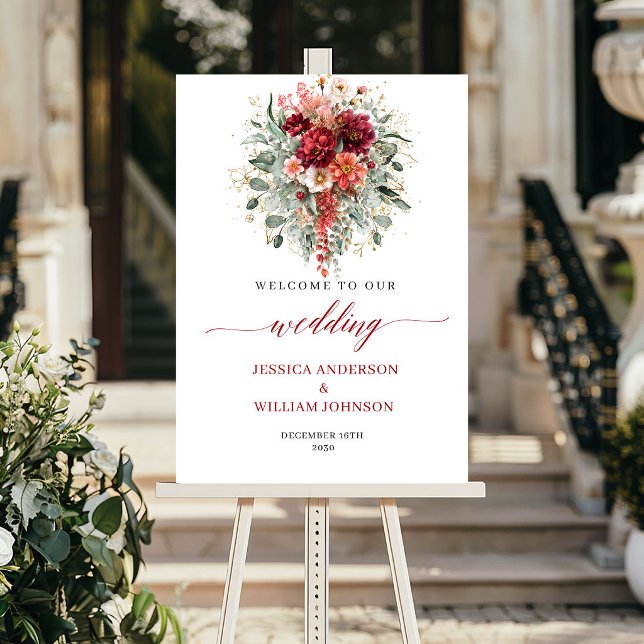 Affiche Panneau de mariage bohème de floraison bordeaux au (Maroon Floral Greenery Bohemian Fall Wedding Welcome

)