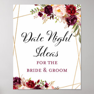 Affiche Panneau de mariage bohème floral bordeaux 8x10" po