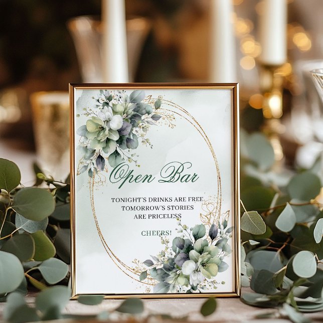Affiche Panneau de mariage Bohème ouvert avec bar vert et  (Green and White Boho Open Bar Wedding Sign)