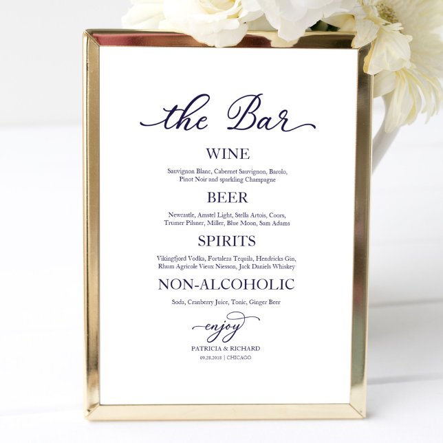 Affiche Panneau de mariage calligraphié bleu marine Bar à  (Créateur téléchargé)