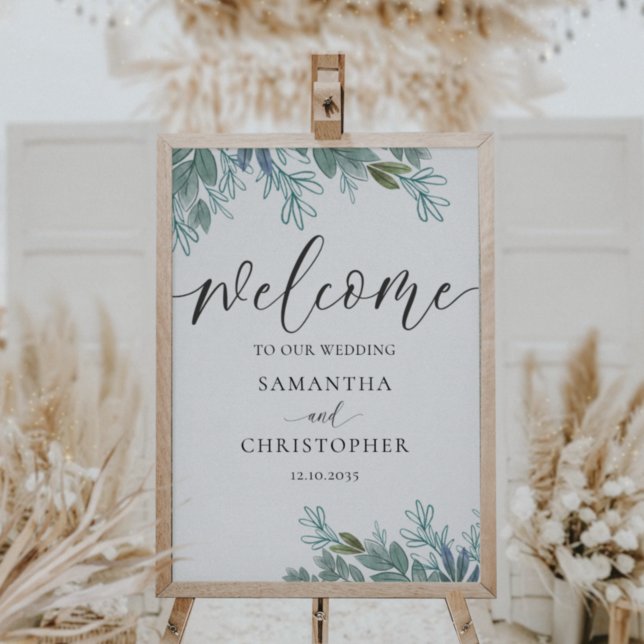 Affiche Panneau de mariage calligraphie vert sauge feuilla (Créateur téléchargé)