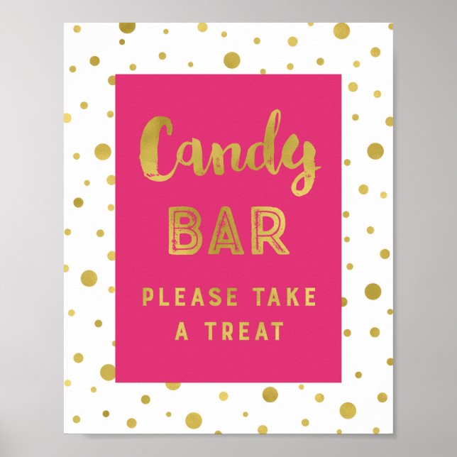 Affiche Panneau de mariage Candy Bar rayures rose chaud or (Devant)