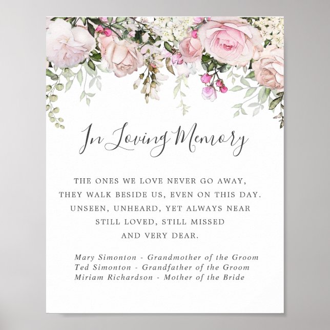 Affiche Panneau de mariage commémoratif floral blanc rose (Devant)