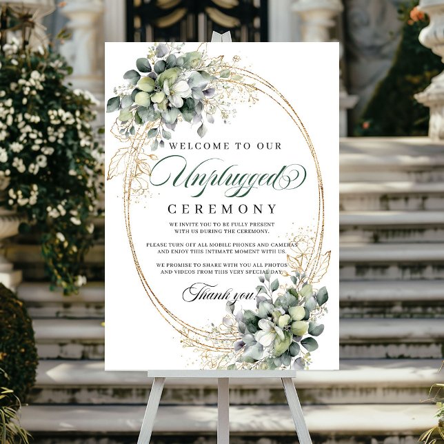Affiche Panneau de mariage de cérémonie débranchée Feuilla (Green Gold Foliage Unplugged Ceremony Wedding Poster)
