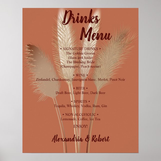 Affiche Panneau de mariage de signe de boissons Menu Pampa (Devant)