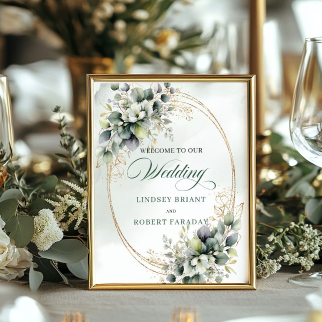 Affiche Panneau de mariage de table Bohemian Greenery Gold (Bohemian Greenery Gold Tabletop Wedding Sign 8x10)