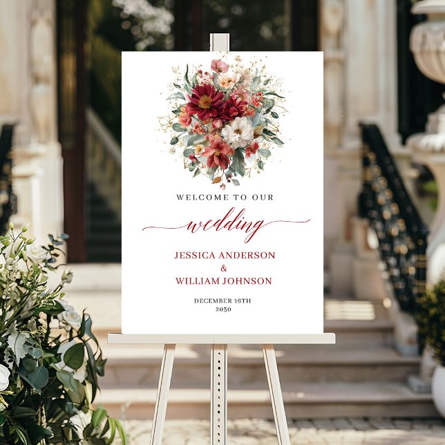 Affiche Panneau de mariage Deep Red Boho Floral automne eu (Deep Red Boho Floral Fall Eucalyptus Wedding Welcome

)