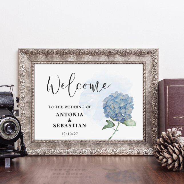 Affiche Panneau de mariage élégant à fleurs bleues d'horte (Créateur téléchargé)