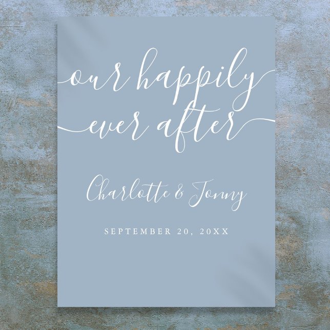 Affiche Panneau de mariage élégant bleu poussiéreux pour u (Elegant Dusty Blue Happily Ever After Wedding Sign)