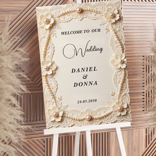 Affiche Panneau de mariage élégant en dentelle de perles d (Créateur téléchargé)