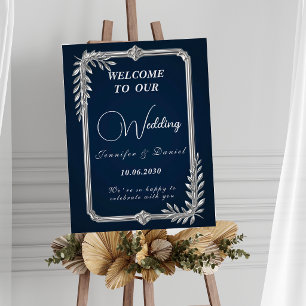 Affiche Panneau de mariage élégant luxe bleu marine et arg
