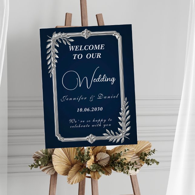 Affiche Panneau de mariage élégant luxe bleu marine et arg (Créateur téléchargé)
