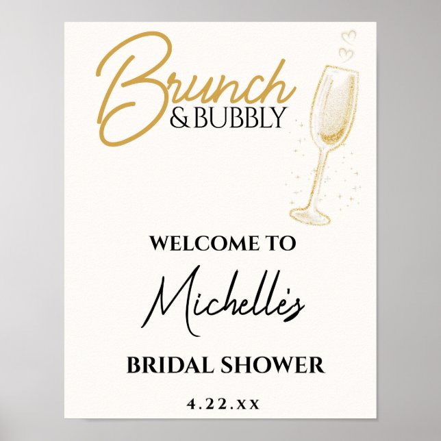 Affiche Panneau de Mariage Élégant Or Brunch & Bubbly (Devant)