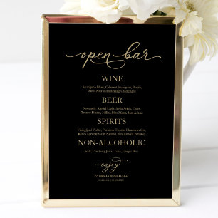 Affiche Panneau de mariage élégant or noir Bar ouvert