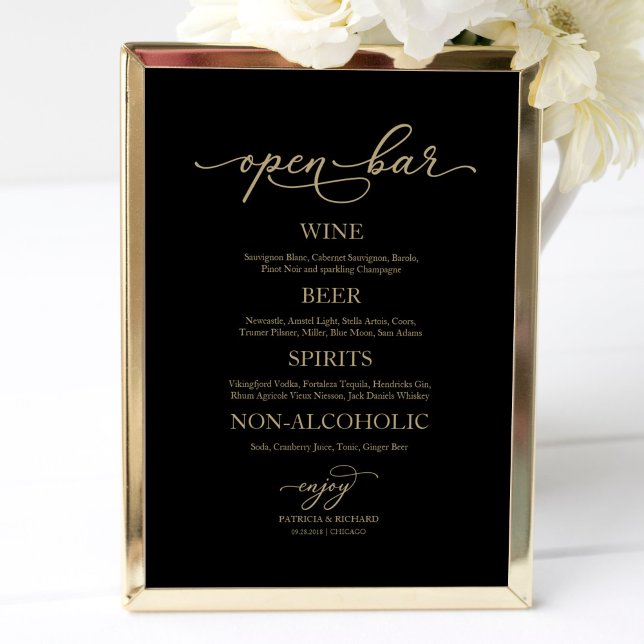 Affiche Panneau de mariage élégant or noir Bar ouvert (Créateur téléchargé)