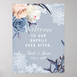 Affiche Panneau de mariage en dentelle florale bleu gris p