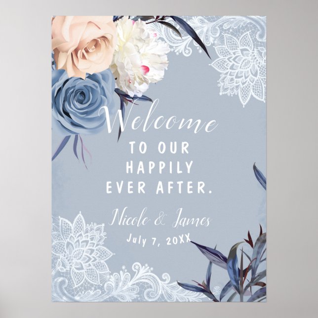 Affiche Panneau de mariage en dentelle florale bleu gris p (Devant)