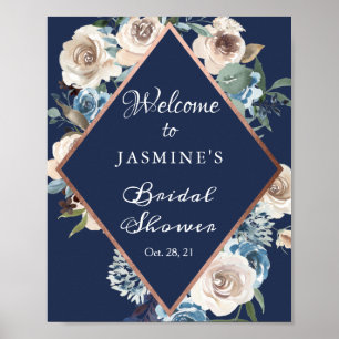 Affiche Panneau de Mariage Fleurie Or Rose Bleu Marine