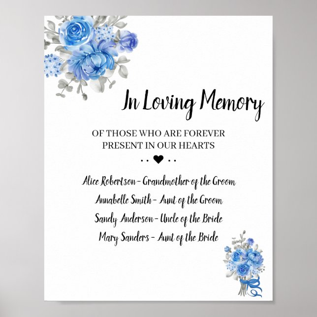 Affiche Panneau de mariage Fleurs bleues en mémoire aimant (Devant)