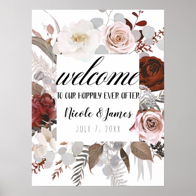 Affiche Panneau de mariage Fleurs Florales Rustiques Rouge (Devant)