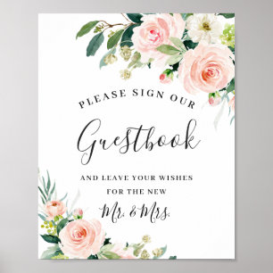 Affiche Panneau de mariage Fleurs rose saumoné Notre livre