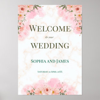 Affiche Panneau de mariage Fleurs roses romantiques