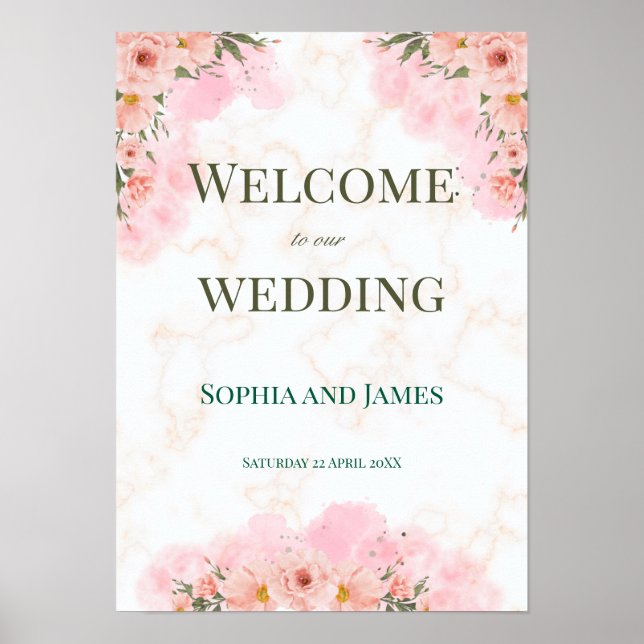Affiche Panneau de mariage Fleurs roses romantiques (Devant)