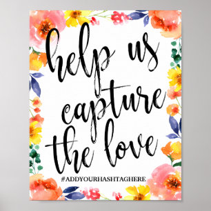 Affiche Panneau de mariage floral aquarelle 8x10 avec hash