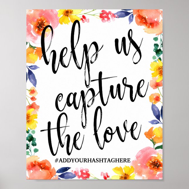 Affiche Panneau de mariage floral aquarelle 8x10 avec hash (Devant)