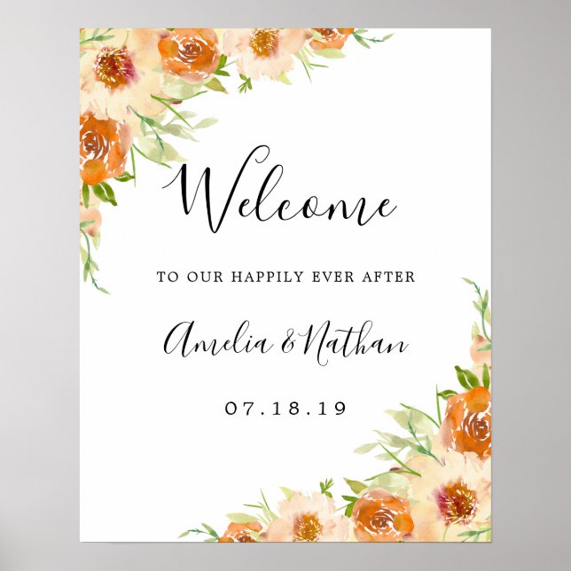 Affiche Panneau de mariage floral aquarelle d'été (Devant)