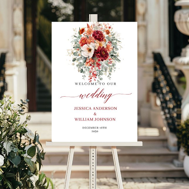 Affiche Panneau de mariage floral automnal boho eucalyptus (Burgundy Fall Floral Boho Eucalyptus Wedding Welcome

)