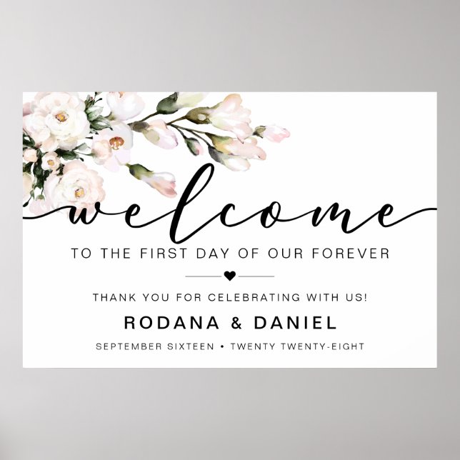 Affiche Panneau de mariage floral avec calligraphie de bie (Devant)