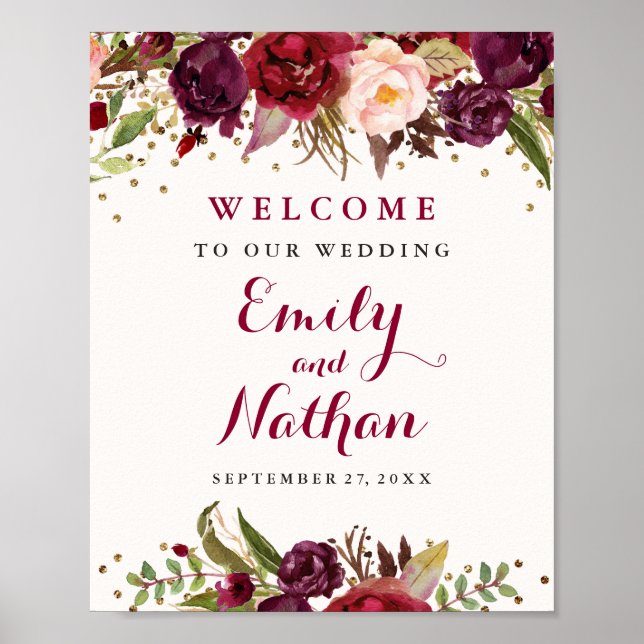 Affiche Panneau de mariage floral avec confettis dorés et  (Devant)