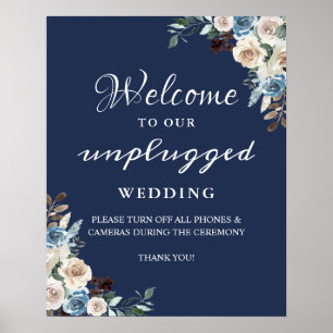 Affiche Panneau de mariage floral bleu marine sans apparei