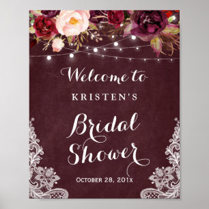 Affiche Panneau de mariage floral bordeaux avec guirlandes